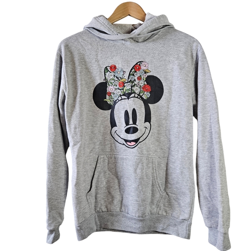 Disney Minnie Mouse Hoodie Sweatshirt Pullover Graphic Print Gray Womens Medium